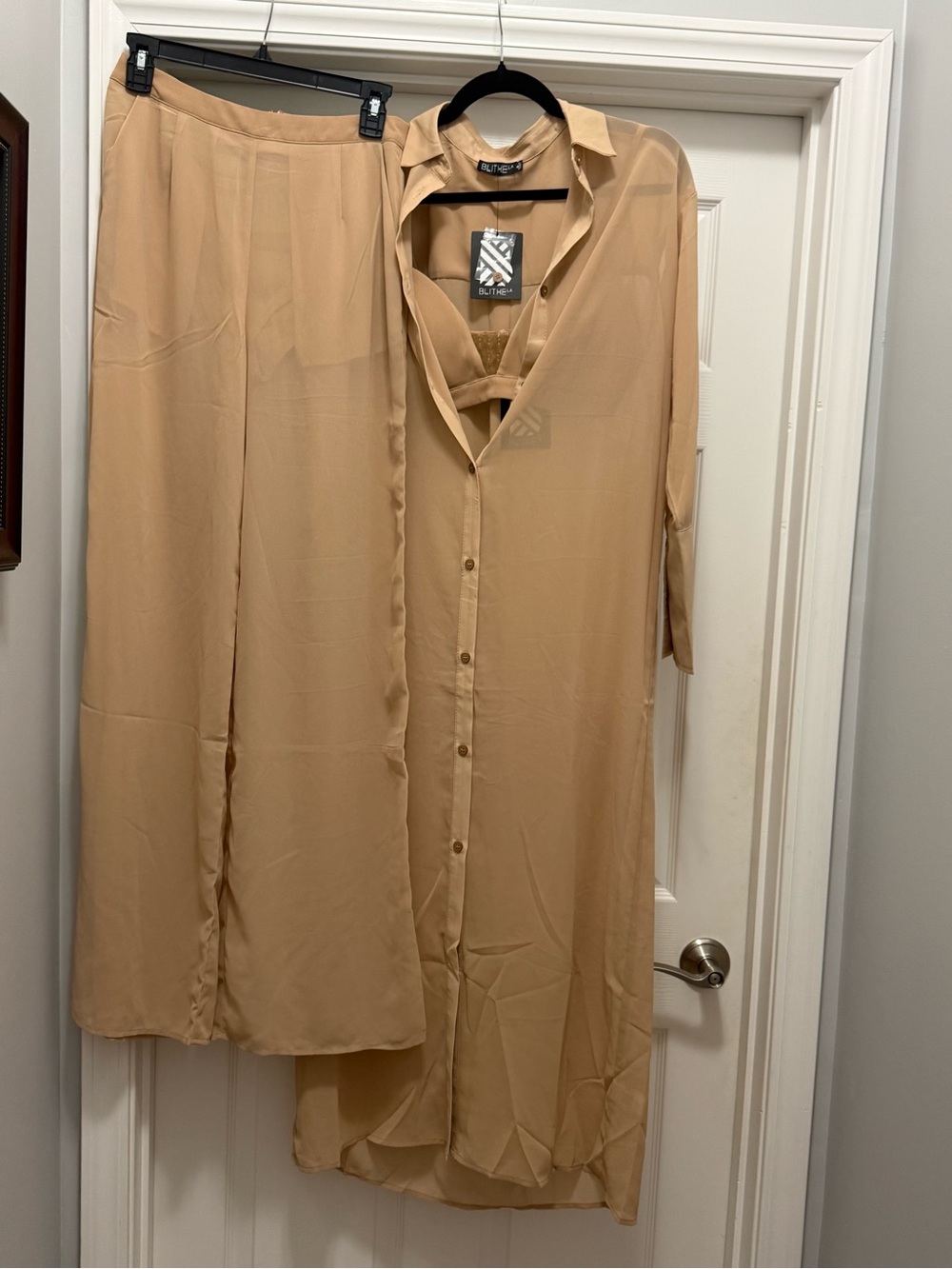 Long Button-Front Pantsuit Set in Beige